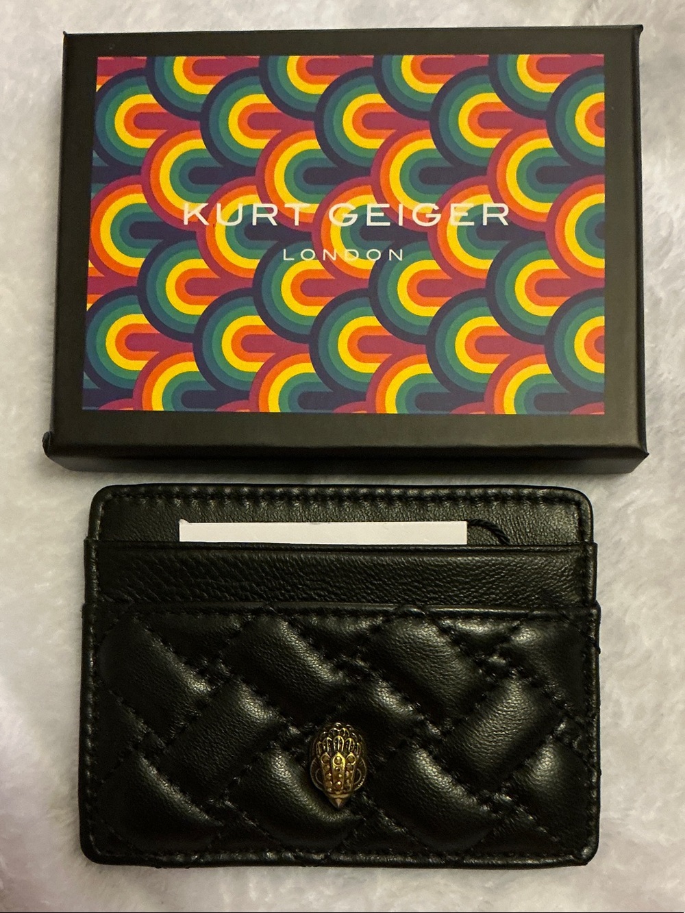 Kurt Geiger Black Quilted Leather Card Holder with Gold Eagle 🦅 Emblem - Picture 3 of 3